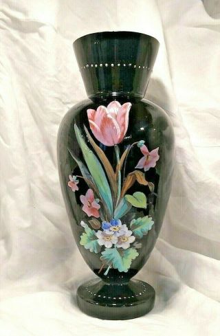 Vintage Black Glass Vase With Heavy Enamel Floral Decoration 12 " Tulips Violets