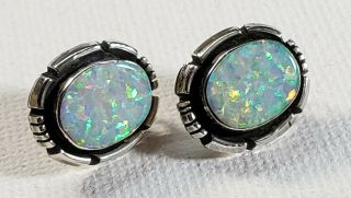 Vintage Sterling Silver Opal Southwest Native Style Pierced Earrings