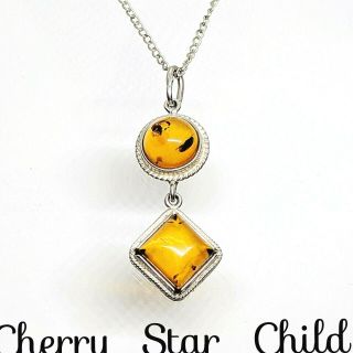Vintage Solid Sterling Silver Pendant Set W Polished Natural Amber On 925 Chain