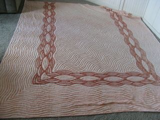 Vintage Peach/pink Chenille Bedspread With Coral/rust Scroll Cutter 103x87