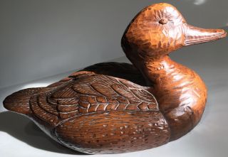 Duck Decoy Hand Carved Dark Brown Wood Resin Vintage Folk Art Hunting Red Mill