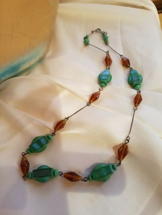 Vintage Art Deco Glass Bead And Wire Necklace Green Amber