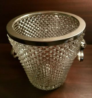 Vintage Diamond Cut Crystal Glass Ice Bucket Silver Plated Rim & Handles England