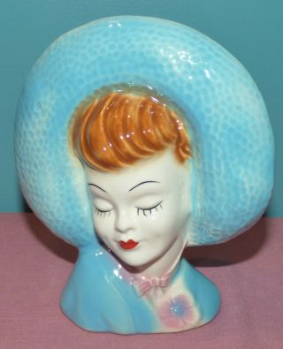 Vintage Porcelain Lady Head Vase Wall Pocket Blue Hat & Dress