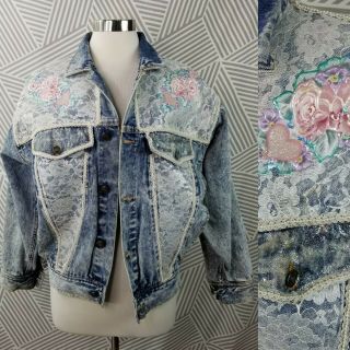 Vintage 80s Acid Wash Denim Blue Jean Jacket Size Small Lace Yoke Cyndi Lauper