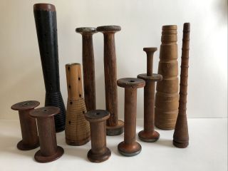 Vintage Wooden Industrial Textile Bobbins Spindles Spools Sewing 11 Piece Set
