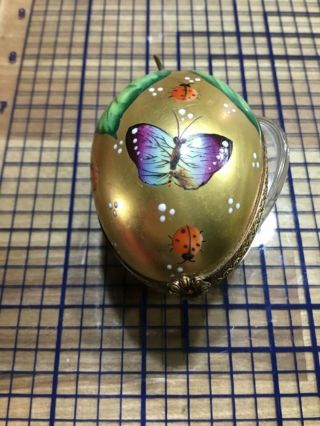 Vintage Limoges Gilt Egg Shaped Trinket Box With Butterfly & Ladybugs