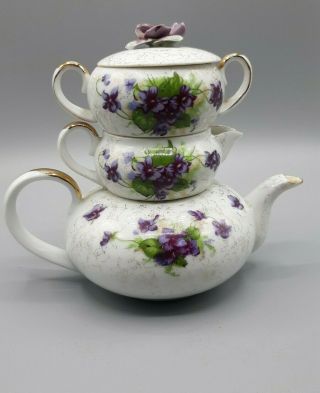 Vintage Lefton China Stacking Tea Set Teapot Creamer Sugar Lid Applied Flowers