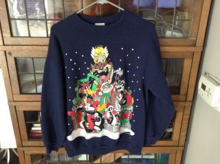 Vtg 1996 Looney Tunes Taz Bugs Sylvester Tweety Blue Christmas Sweatshirt Sz L