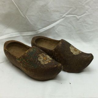 Vintage Hand Carved Wooden Dutch Clogs Klompen Shoes Flower Design Solid