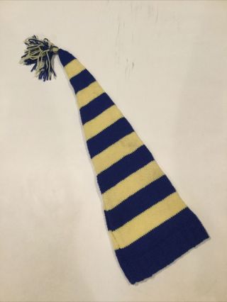 Vtg Hand Knit Crochet Stocking Hat Long,  Striped Yellow & Blue 30 " Long