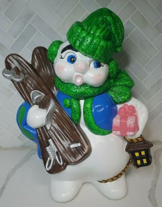 Vintage Hand Made In 1970s Ceramic Snowman Atlantic Mold W/ Skis 13” Christmas