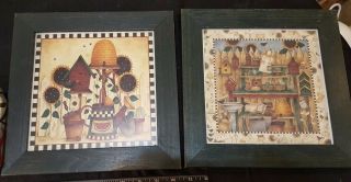 Vintage Debbie Mumm Art Prints 8 " Square In Wood Frames