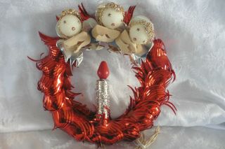Vintage Mirostar Red Foil Lighted Christmas Wreath With Angels & Single Candle
