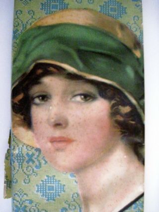 Very Pretty Vintage Box w/ Woman ' s Face with 1920 - 30 ' s Hat and Blue Necklace 2