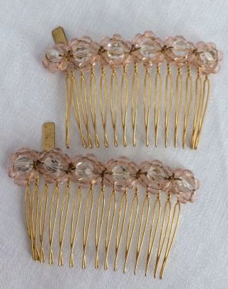 Vintage Pair Ann Vuille Hair Clips Glass Beads Clear Pink Gold Teeth
