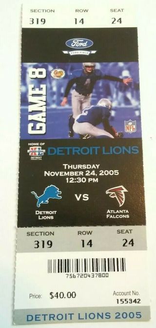 2005 Atlanta Falcons Detroit Lions Nfl Football Ticket Stub