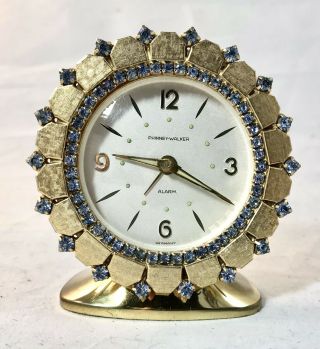 Vtg Phinney Walker German Alarm Clock Ladies Vanity Blue Rhinestone Goldtone