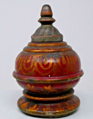 Vintage Indian Red Lacquer Decorated Wooden Box Pot With Pointed Finial Cover