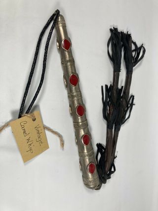 Vintage Camel Whip 70s Collectible Silver W Red Inlay Design Leather Ornate