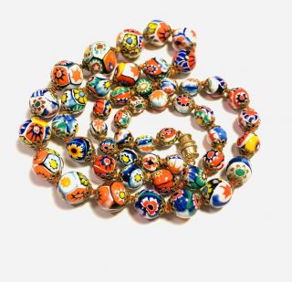 Vintage Venetian 1950s Hand Knotted Millefiori Murano Art Glass Beaded Necklace