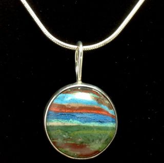Vintage Italian Sterling Silver Rainbow Jasper Gemstone Pendant Necklace (e16)