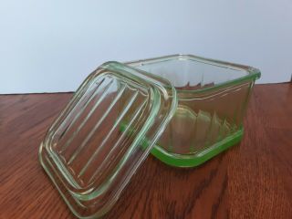 Vintage Vaseline Green Depression Glass Ribbed Square Jar W/ Lid