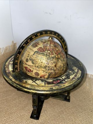 Vintage Old World Map Globe On A Metal Base & Ring Antigued & Refinished 7.  5 " T