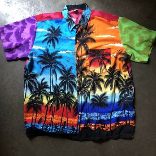 Mens Vintage 90s King Kameha Rainbow Color Block Hawaiian Button Up Shirt Sz 2xl
