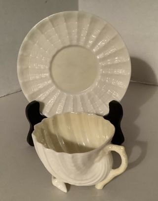 Vintage Belleek Neptune Cream And Yellow Sea Shell Tea Cup & Saucer