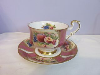 Vintage PARAGON Teacup & Saucer Bone China Dark Pink Orchard Fruits Gold Trims 3
