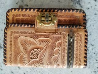 Vintage Gaitan Hand Tooled Leather Wallet Coin Purse Hoto Holder Saddle Brown.