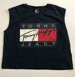 Vtg Tommy Hilfiger Crop Top T Shirt 90s Rare Big Logo Hip Hop Womens Large