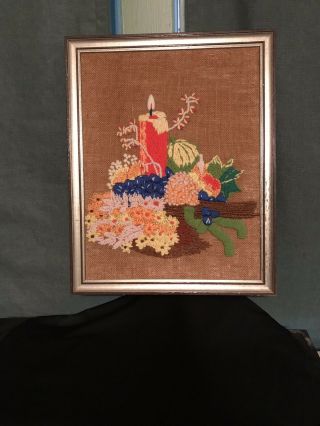 Vintage Crewel Embroidery Picture Candle Flowers Burlap Finished Crewel C.  1970s