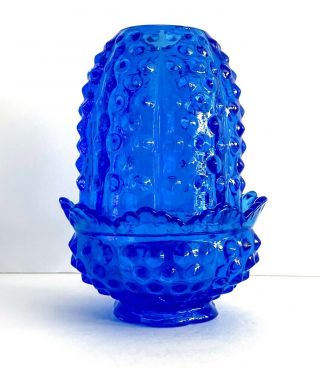 Vtg Fenton Art Glass Colonial Cobalt Blue Hobnail Fairy Lamp Candle Tea Light