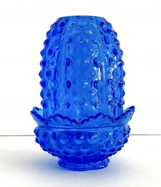 Vtg Fenton Art Glass Colonial Cobalt Blue Hobnail Fairy Lamp Candle Tea Light 2