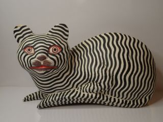 Vintage Hand Carved & Painted Wood Cat Sculpture Black & White Stripes 12 "