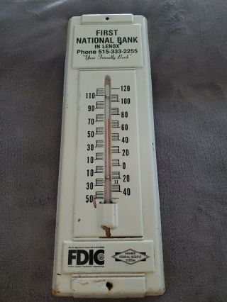 Vintage First National Bank - Lenox Iowa - Metal Advertising Thermometer