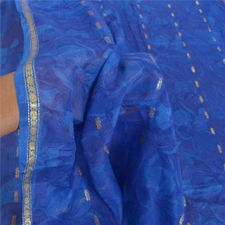 Sanskriti Vintage Blue Sarees 100 Pure Silk Printed Sari Zari Work Craft Fabric 3
