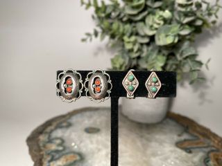 Vintage Navajo Turquoise & Coral Clip Earrings - Set Of 2