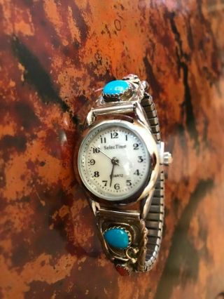 Vintage Watch Sterling Silver Watch Band Turquoise Coral Ladies Artist Stamped