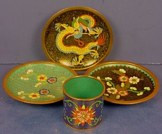 Antique Chinese Cloisonne Enamel On Copper Cup & Three Pintrays