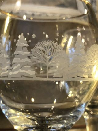 Vtg Libbey Arbys Winter Snow Scene 4 Wine Goblets Frosted Pine Trees Gold Trim