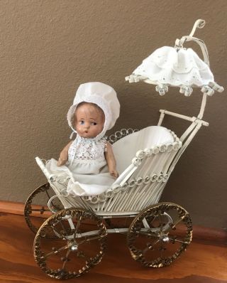 Vintage Antique 7 “ Composition Baby Doll With Metal Scrolled Stroller