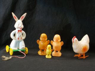 5 Vintage Hard Plastic Easter Toys - Rabbit Pull Toy,  3 Knickerbocker Chicks,  Hen