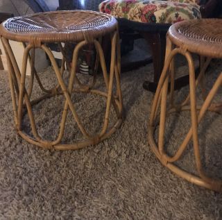 Vintage Retro Bamboo Bentwood Rattan Ottoman Foot Stool Round Pair Available 16”