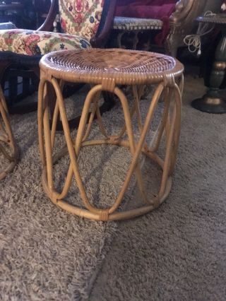 Vintage Retro Bamboo Bentwood Rattan Ottoman Foot Stool Round Pair Available 16” 2