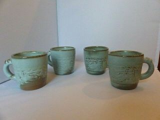 Vintage Frankoma Mayan Aztec Cups 7c Woodland Moss Glaze - Set Of Four