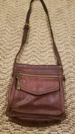 Vintage Fossil Brown Leather Handbag 2 Pocket Shoulder Strap Brass Key 75082