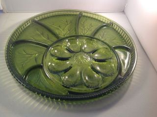 Vintage Indiana Glass Pebble Leaf Relish And Deviled Egg Plate Green 12”